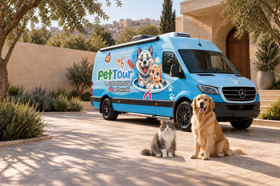 Pet Tour grooming van with a dog and cat