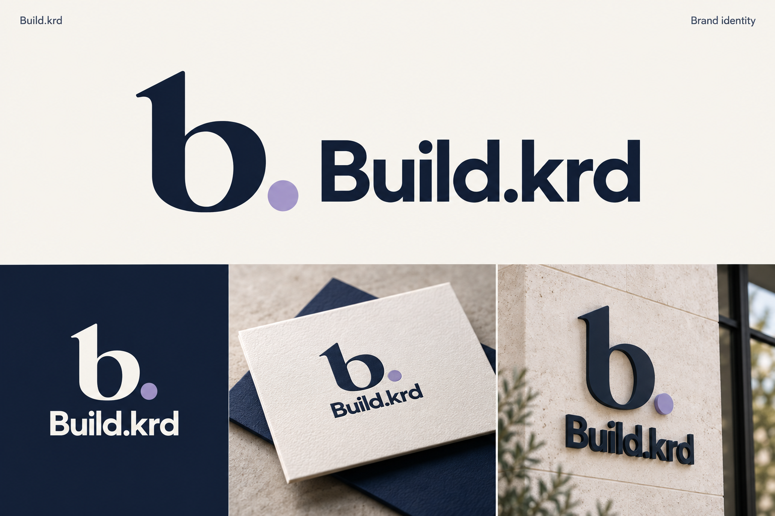 Build.krd identity concept with navy and iris logo, stationery and signage mockups